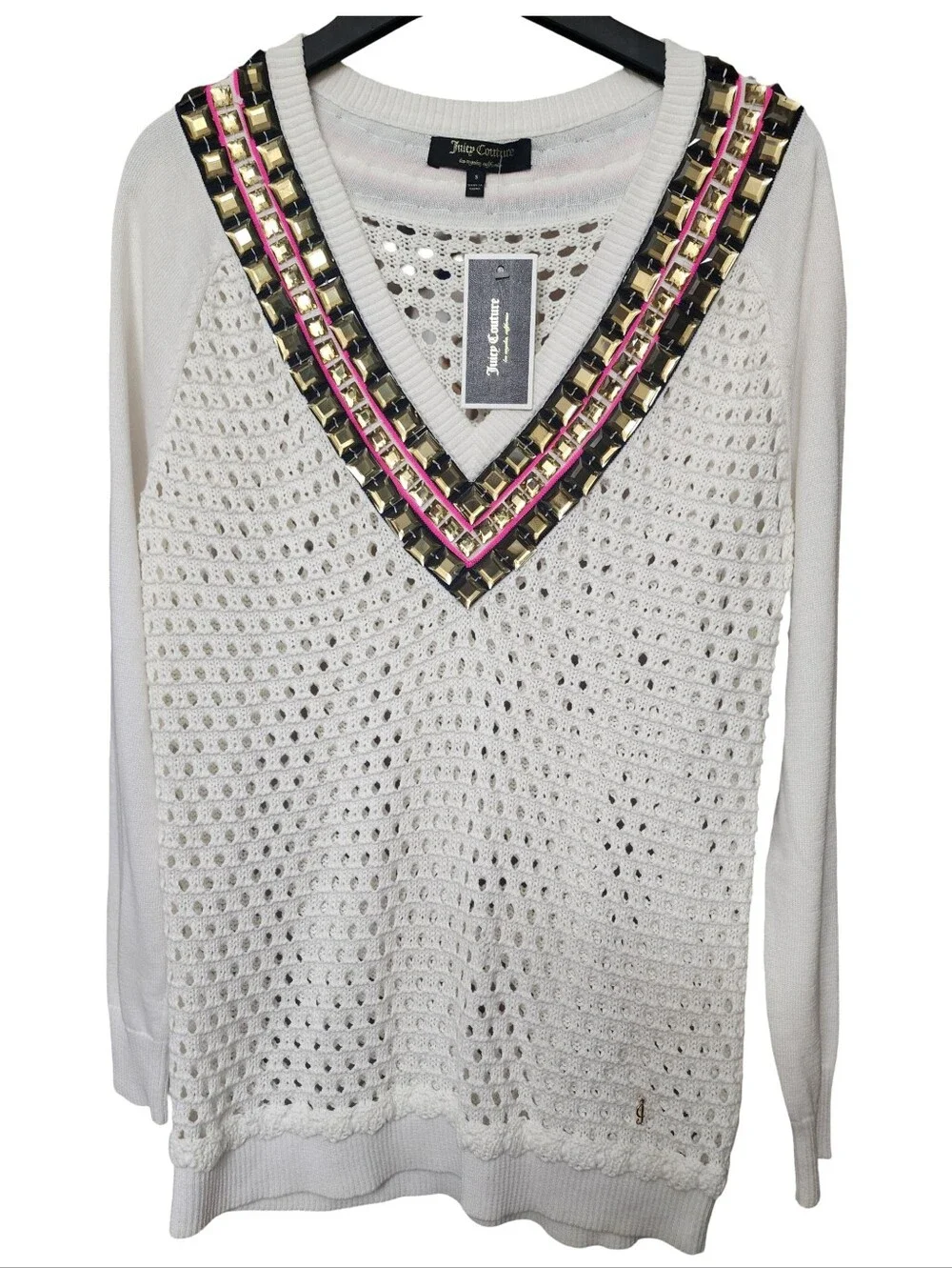 JUICY COUTURE Sweater White Open Knit V-Neck Embellished Cricket NWT Small